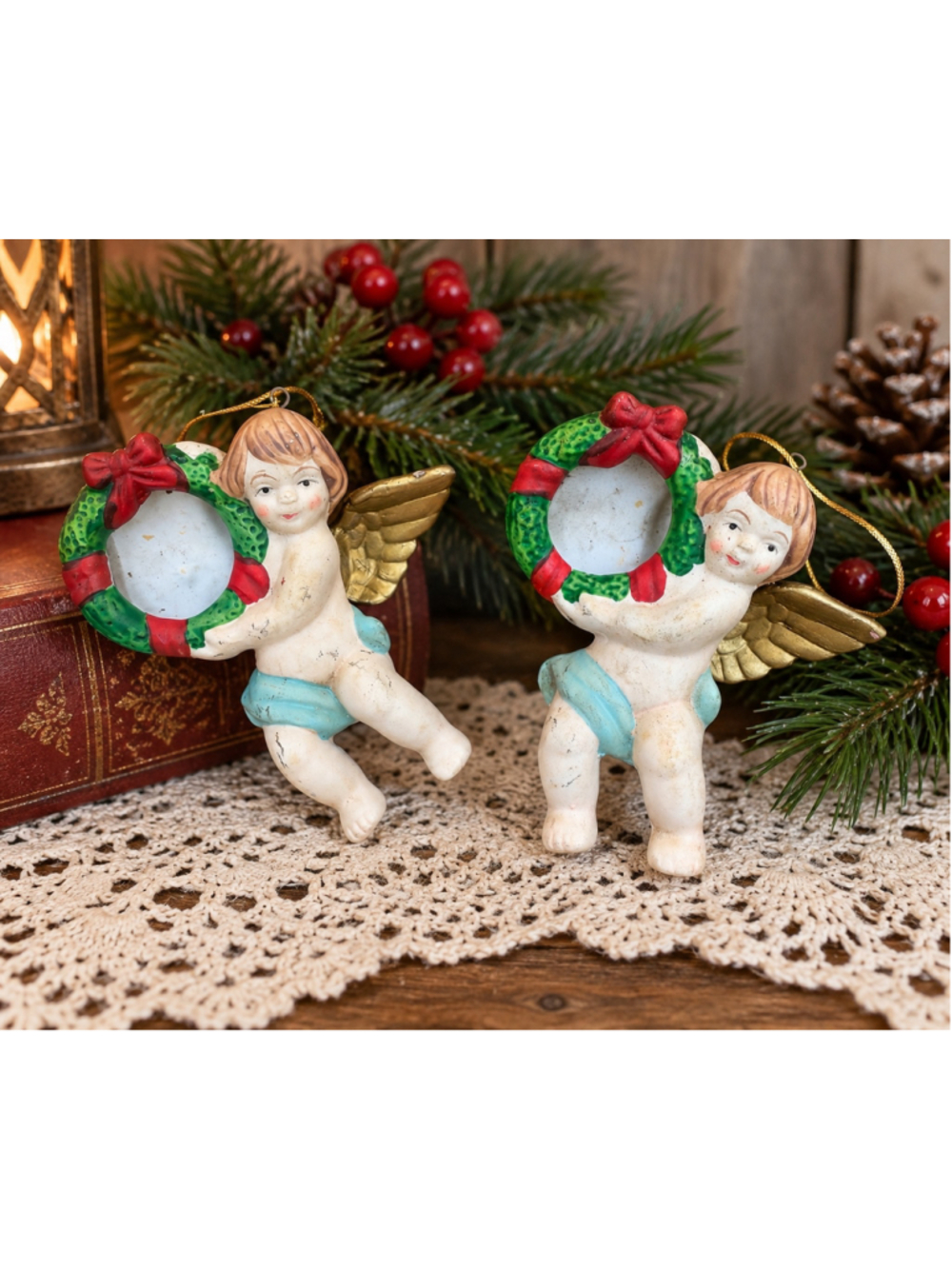 Vintage Christmas Cherub Angel Ornaments Wreath Gold Wings Set of 2
